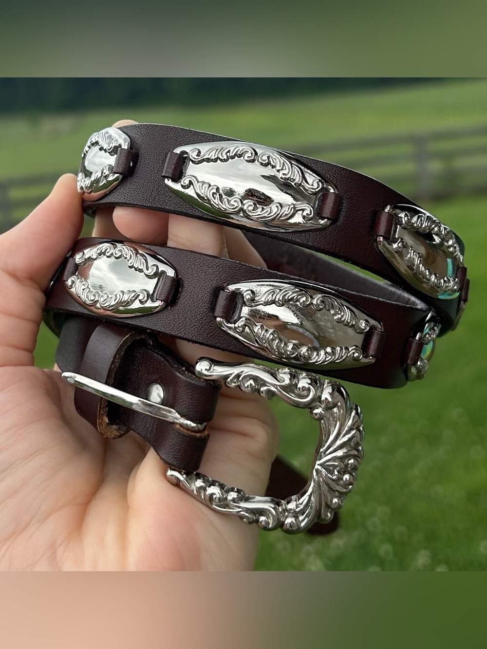 Vintage Brown Leather Western Belt Womens Large Brown Silver Concho Boho Cowgirl